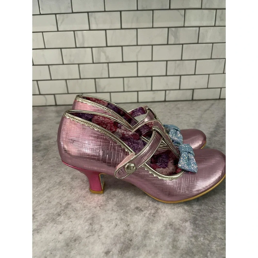 Irregular Choice Pink Purple Shimmer Mary Jane Heels with Blue Glitter Bows